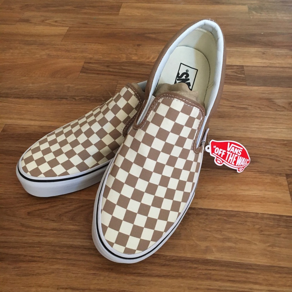 NWT Vans men’s slip ons. Brown checker, 10.5.